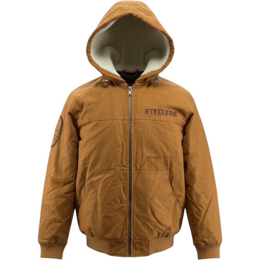 NFL Pittsburgh Steelers Sherpa Flannel Hoodie Canvas Jacket Mens Small Tan NEW